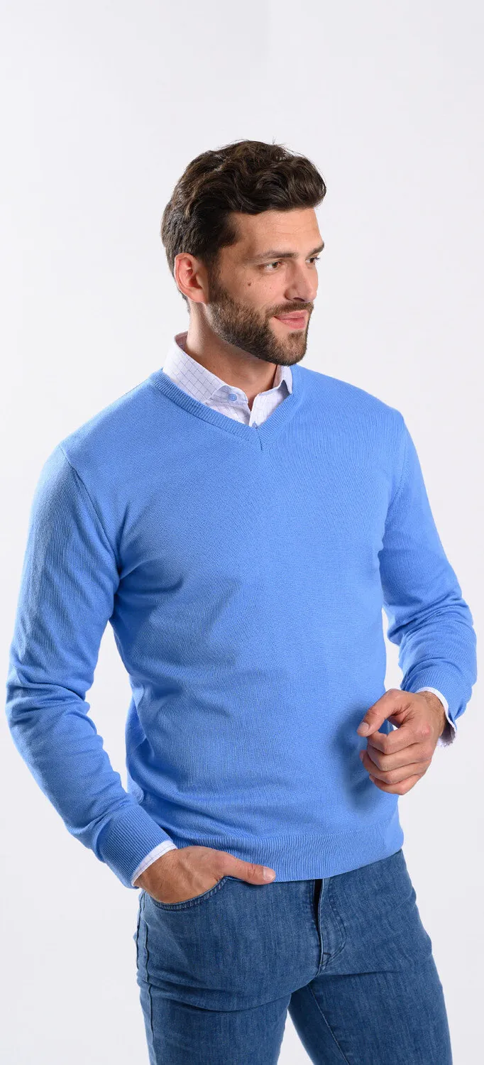 Alain Delon maglione azzurro scollo V cotone