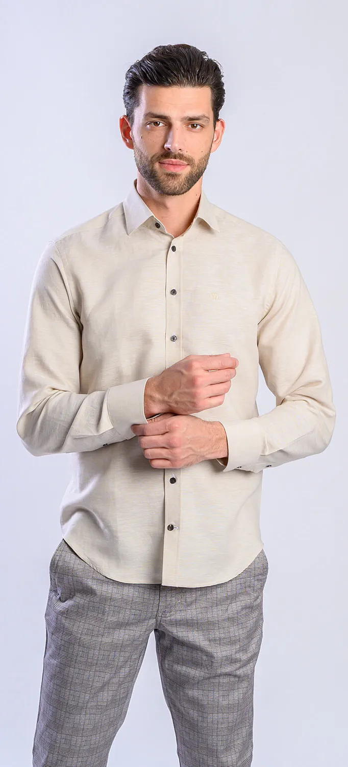 Alain Delon camicia extra slim beige lino bottoni marroni