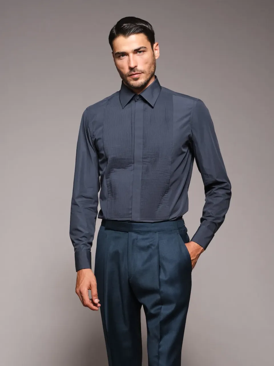 Caruso Butterfly camicia cotone blu plissé gemelli