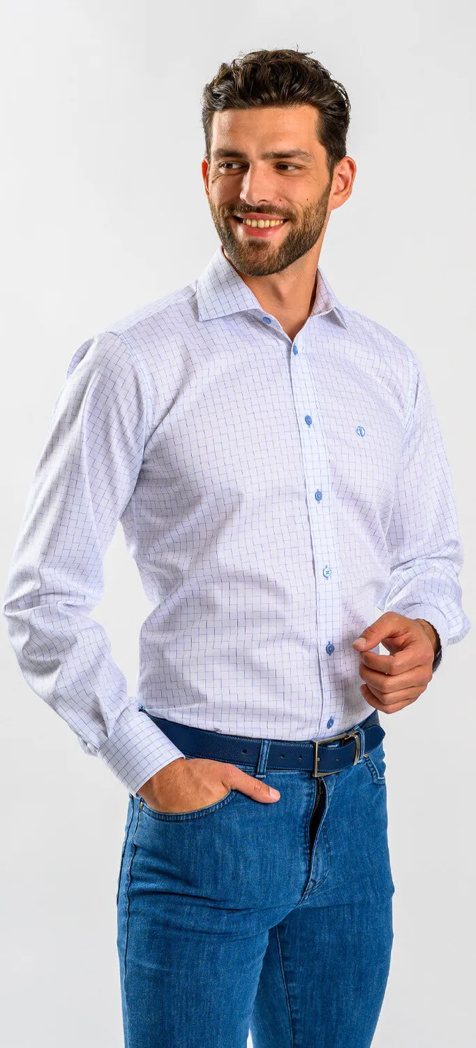 Alain Delon camicia slim fit bianca quadri blu cotone Getzner