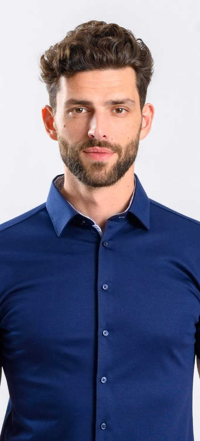 Alain Delon camicia manica corta extra slim blu navy stretch