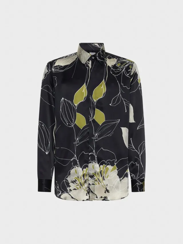 Caruso Butterfly camicia in seta nera floreale collo francese