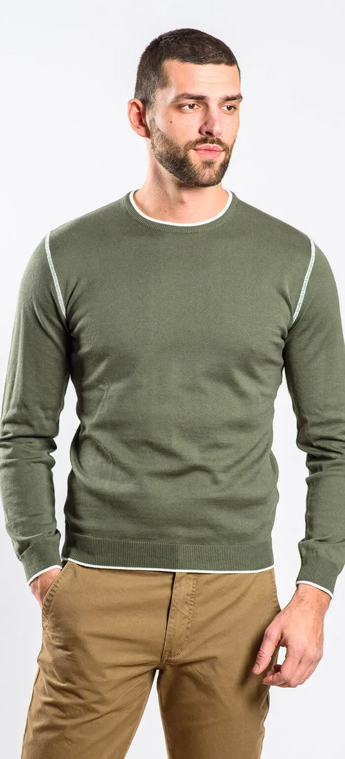 Alain Delon Maglione Verde Cotone Cuciture Bianche