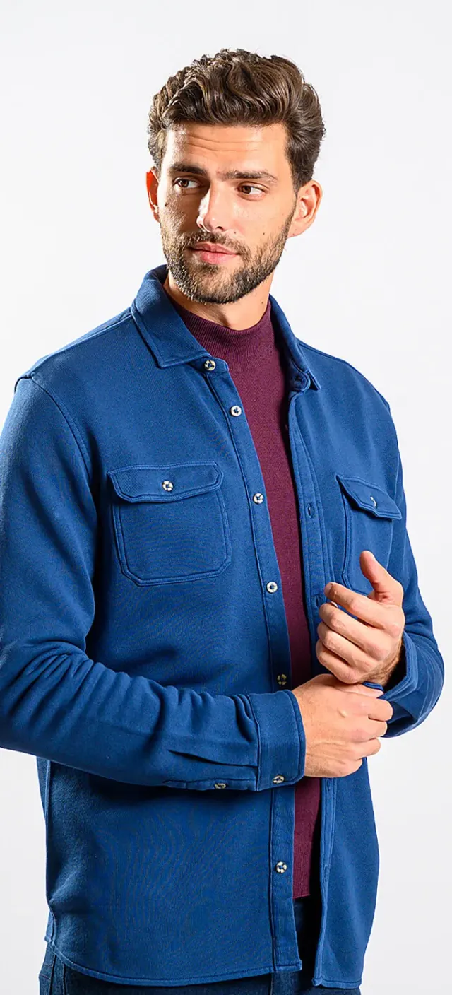 Alain Delon camicia blu cotone pesante tasche petto slim