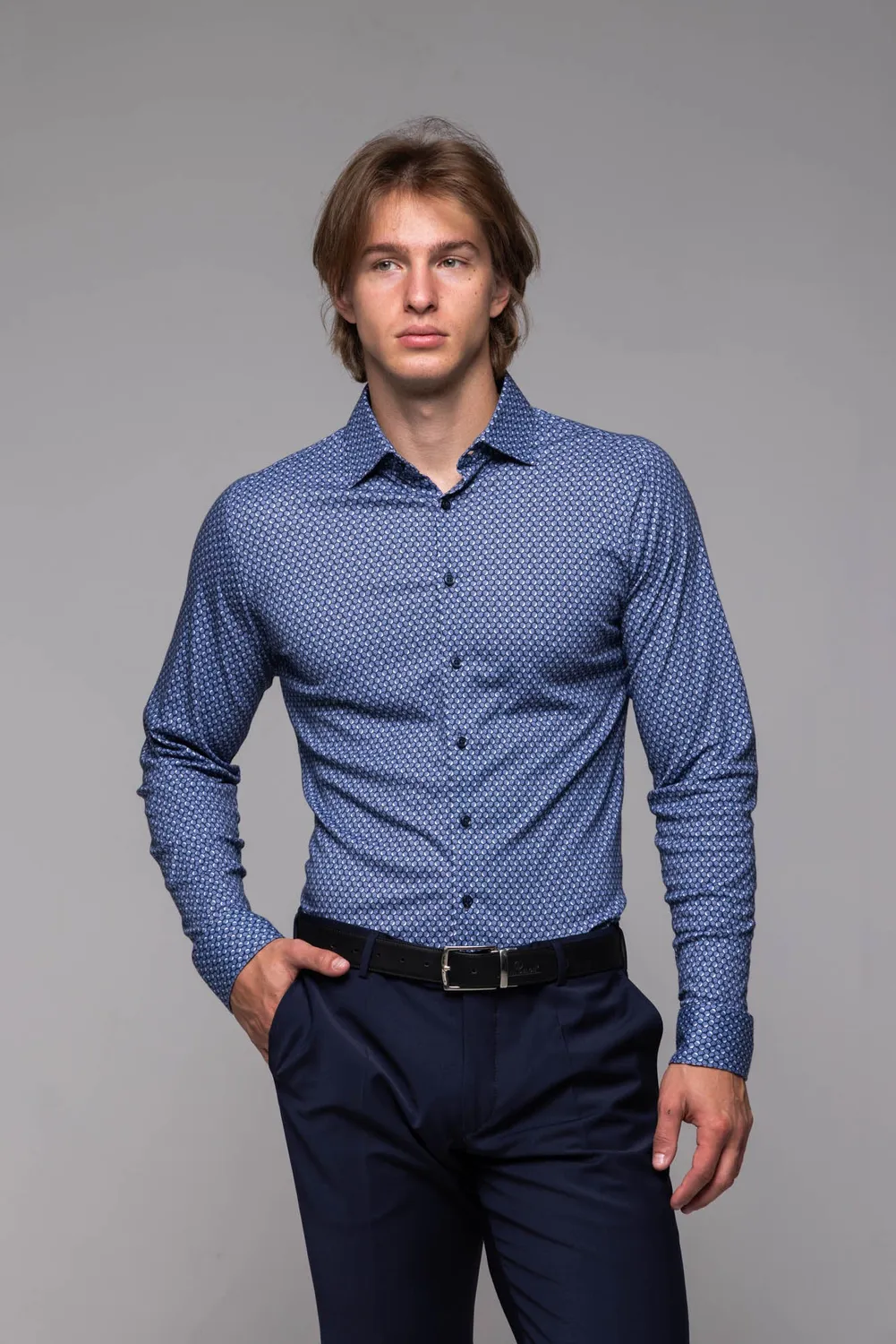 Alain Delon Camicia Uomo Extra Slim Fit Blu Jersey Elasticizzata