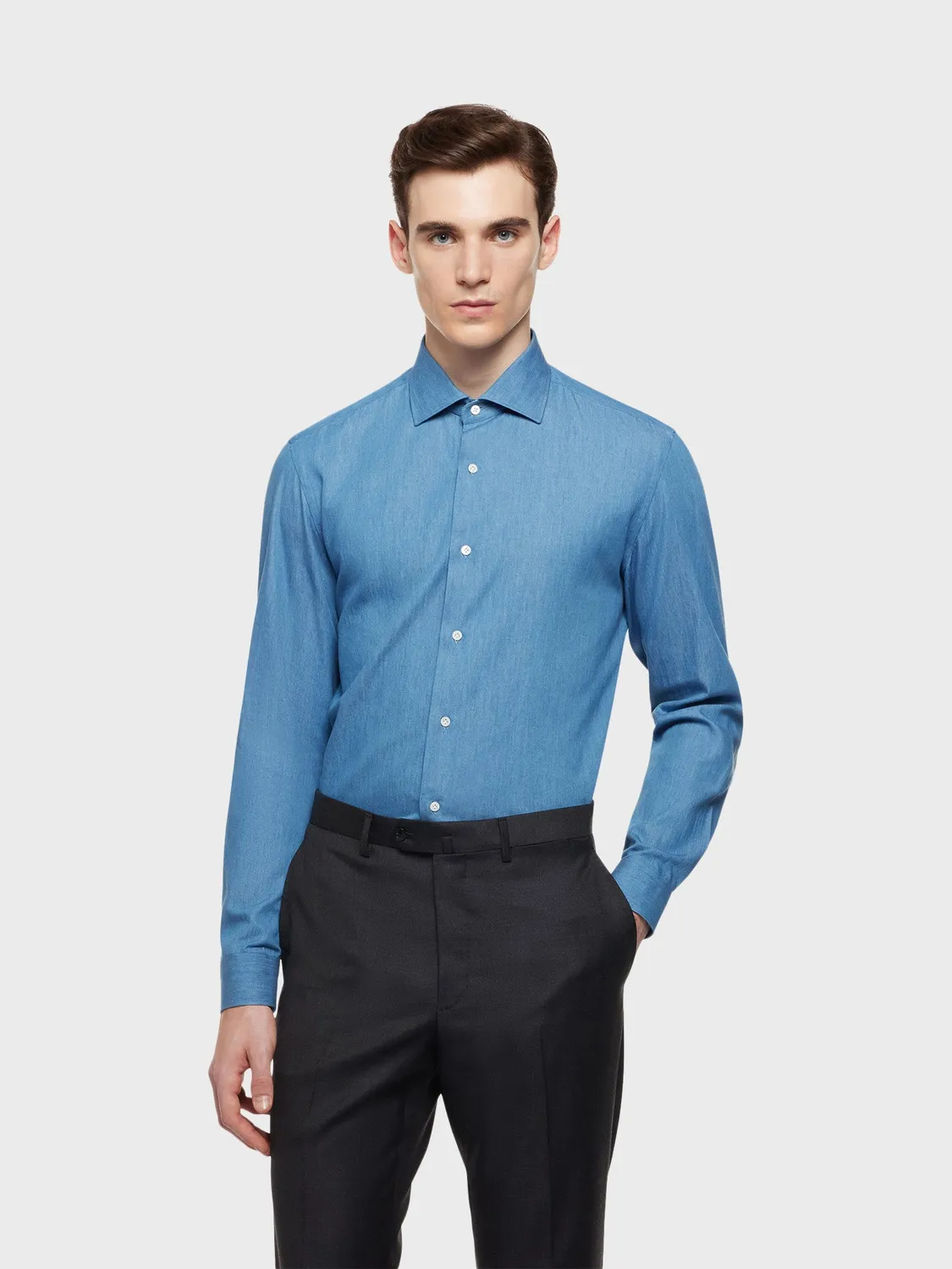 Caruso Camicia Slim Fit Twill Denim Indaco