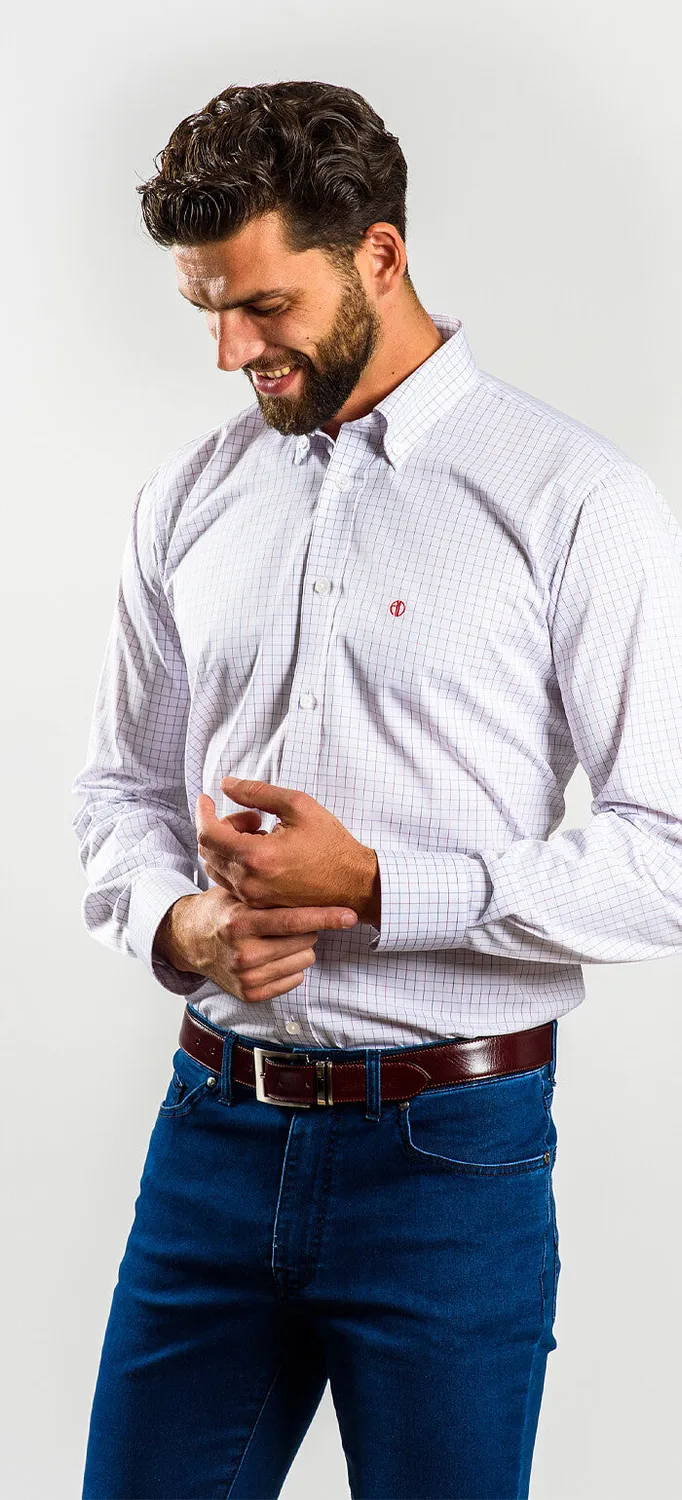 Alain Delon Camicia Slim Fit Quadri Bianco Rosso Blu