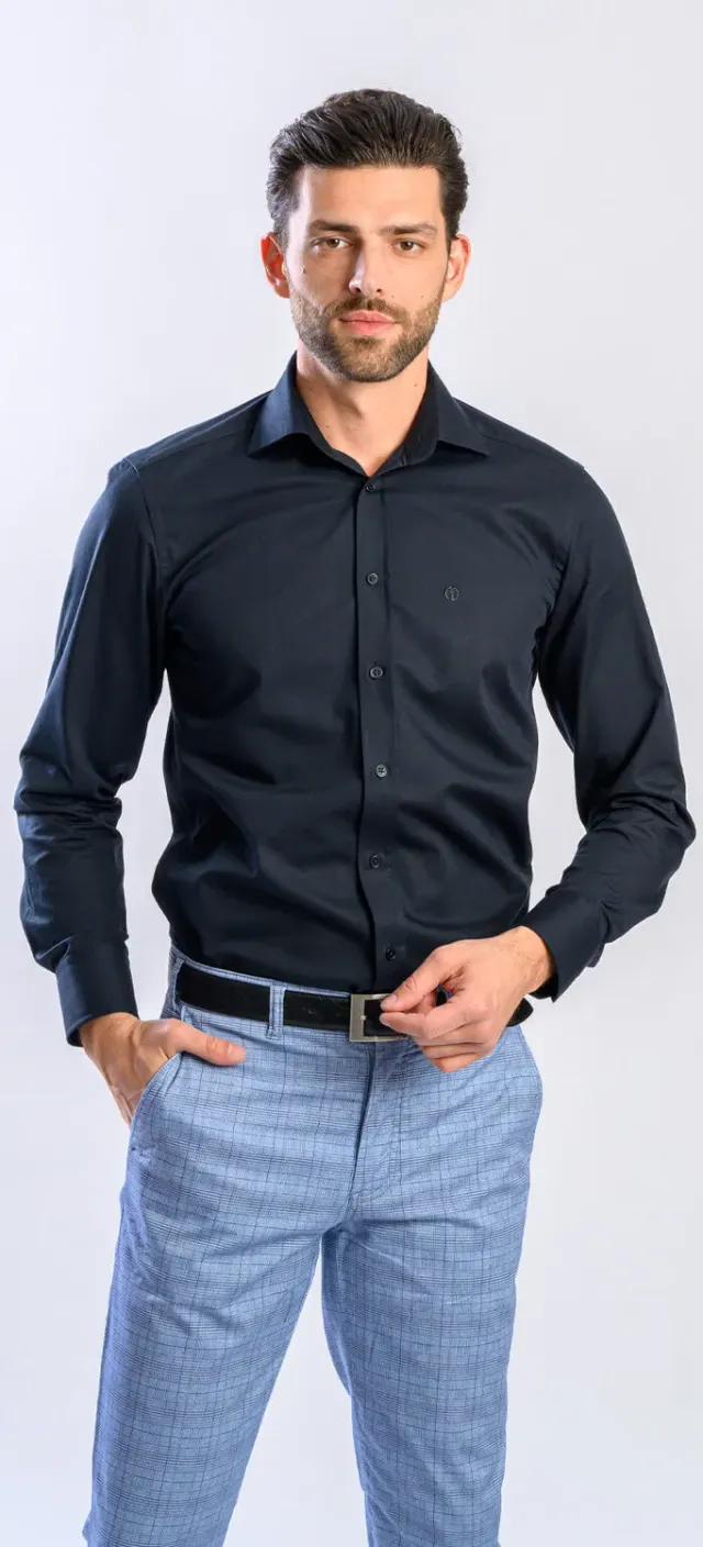Alain Delon camicia slim fit nera cotone Getzner