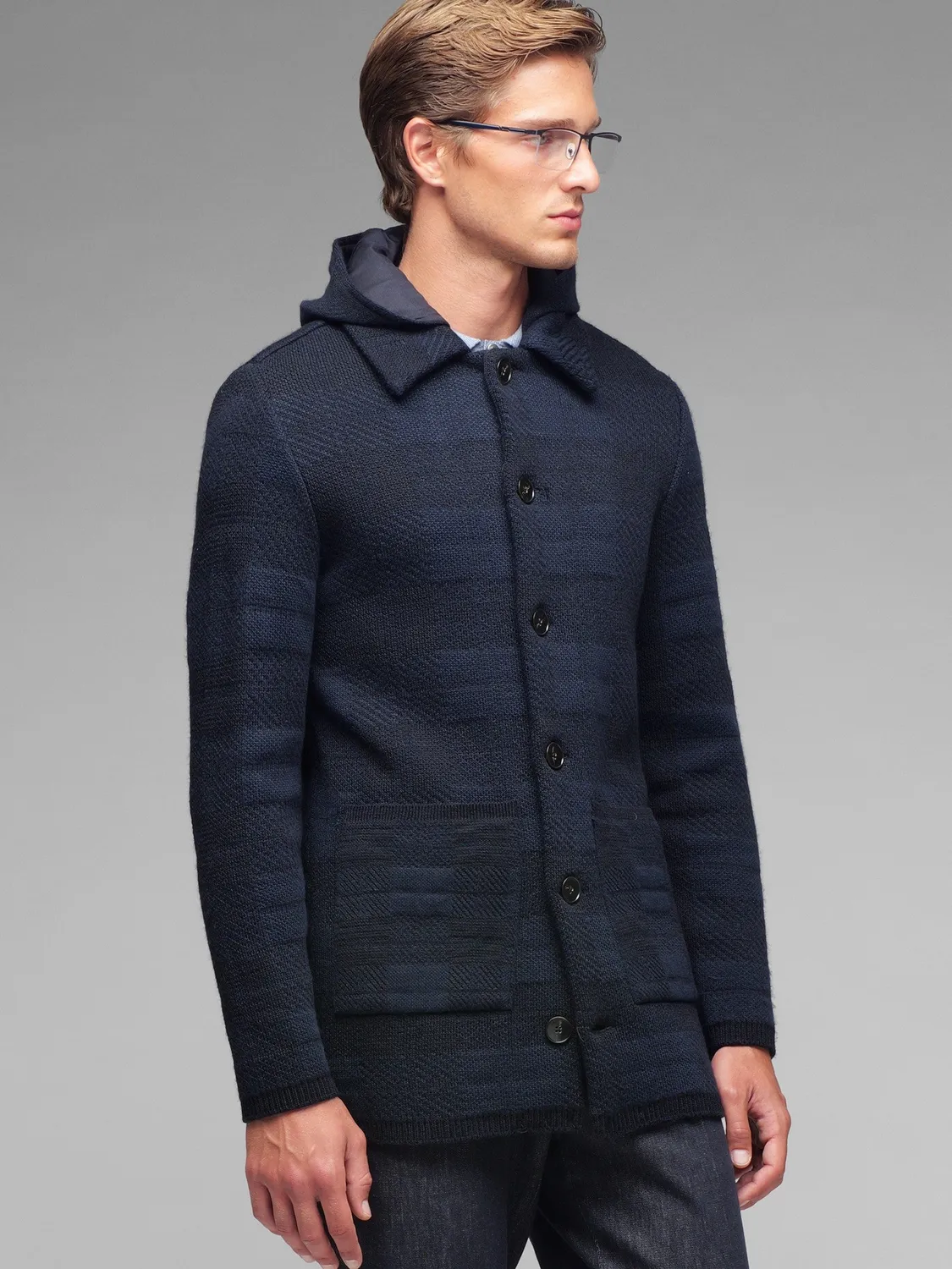 Paoloni Cappotto in maglia check misto lana blu