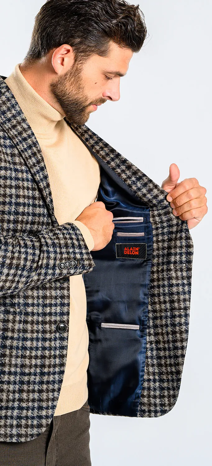 Alain Delon giacca marrone slim pied-de-poule misto lana