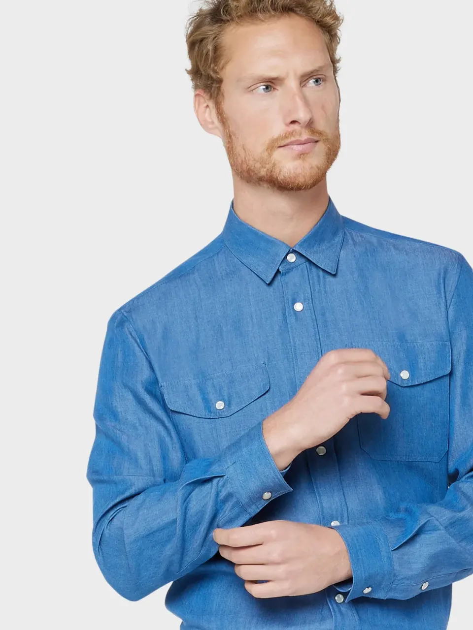 Caruso camicia tencel blu jeans bottoni madreperla
