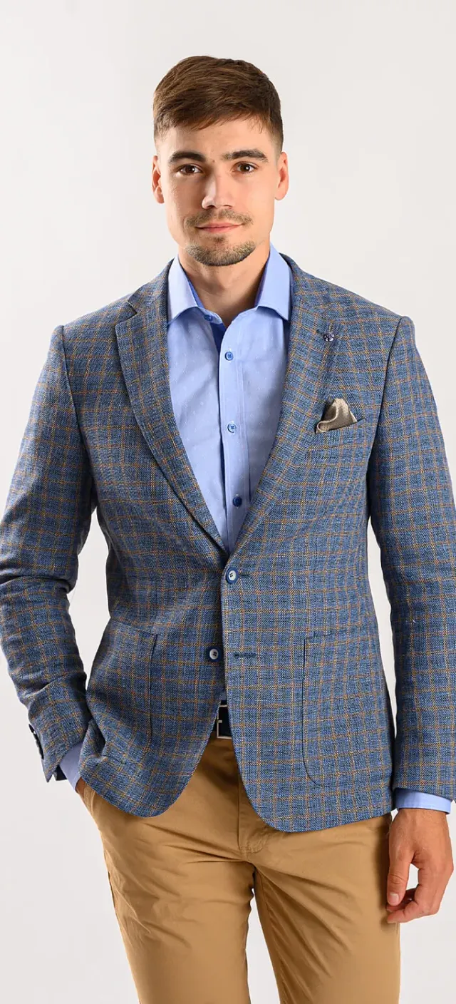 Alain Delon giacca blu lino quadri marroni slim fit