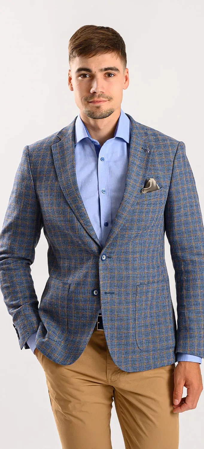 Alain Delon giacca blu lino quadri marroni slim fit