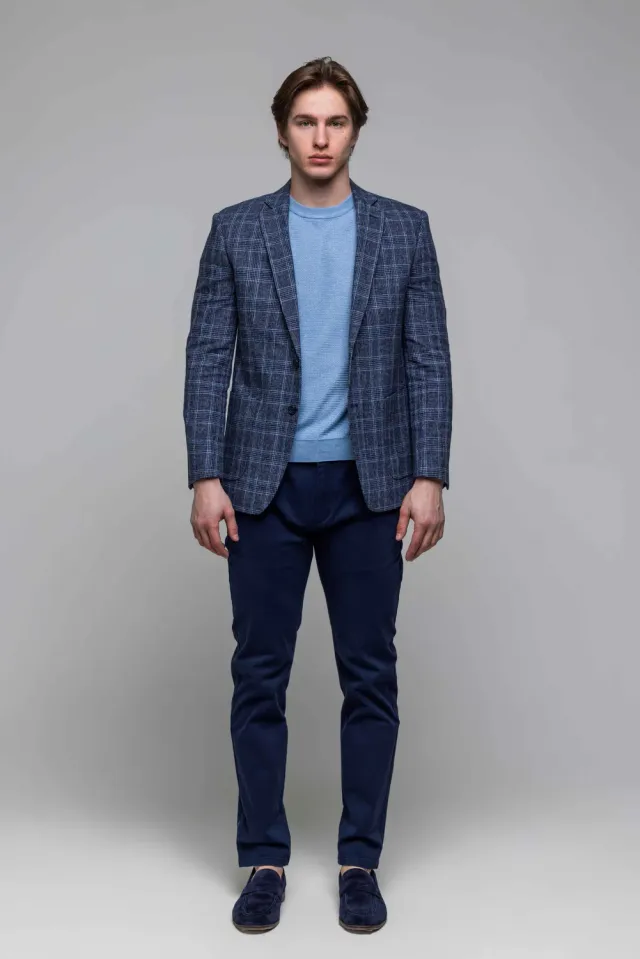 Alain Delon giacca lino blu a quadri slim fit leggera