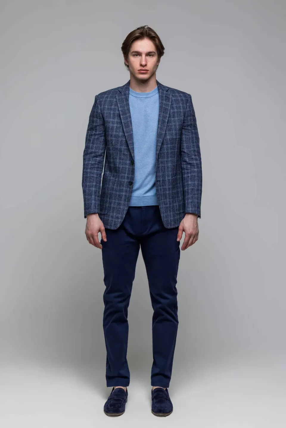 Alain Delon giacca lino blu a quadri slim fit leggera
