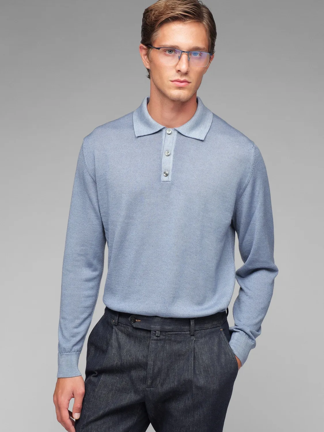 Paoloni Polo manica lunga rasato lana merinos azzurro