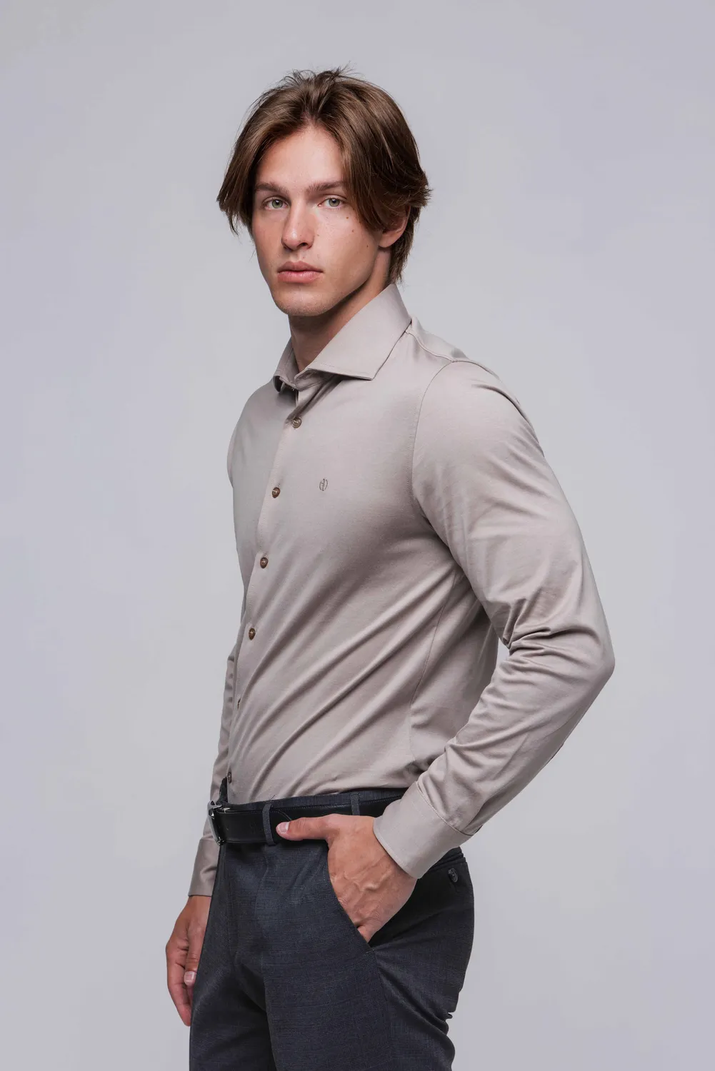 Alain Delon Extra Slim Fit camicia beige elasticizzata