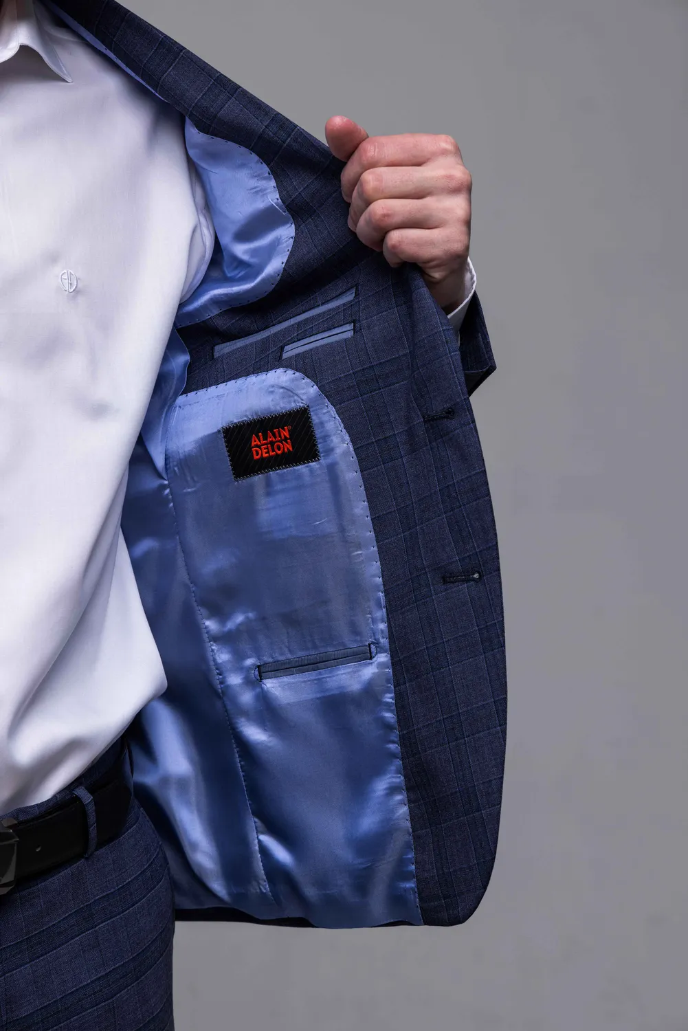 Alain Delon abito slim fit a quadri grigio blu stretch