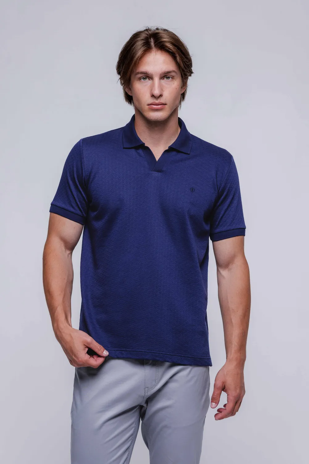 Alain Delon polo blu cotone senza bottoni con fantasia