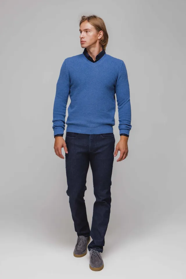 Alain Delon pullover blu scollo V cotone maglieria