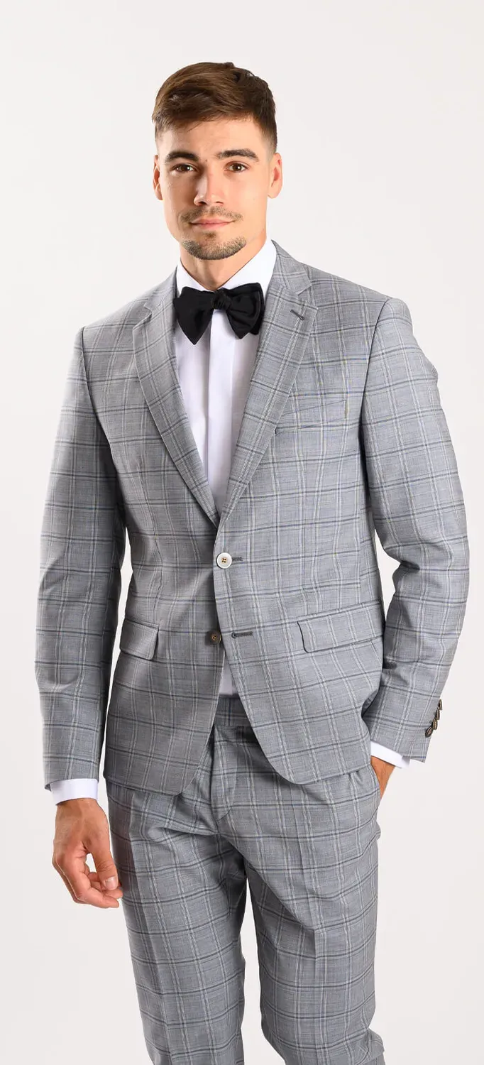Alain Delon Abito Grigio a Quadri Lana Slim Fit