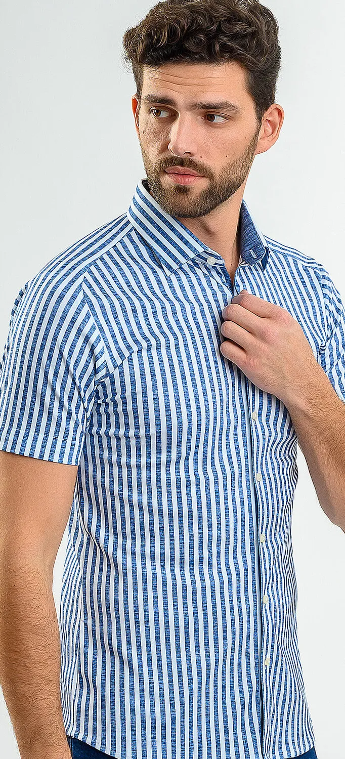 Alain Delon camicia manica corta extra slim righe bianche blu