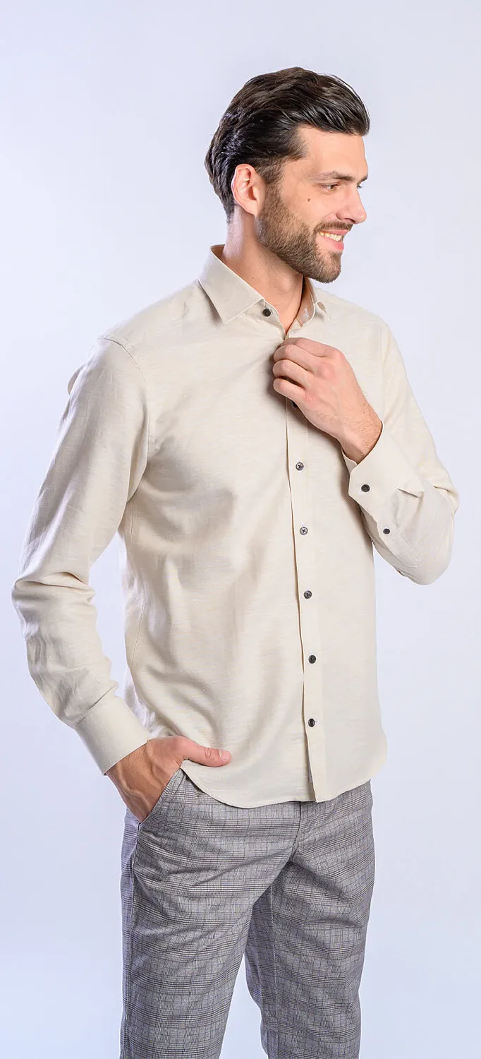 Alain Delon camicia extra slim beige lino bottoni marroni
