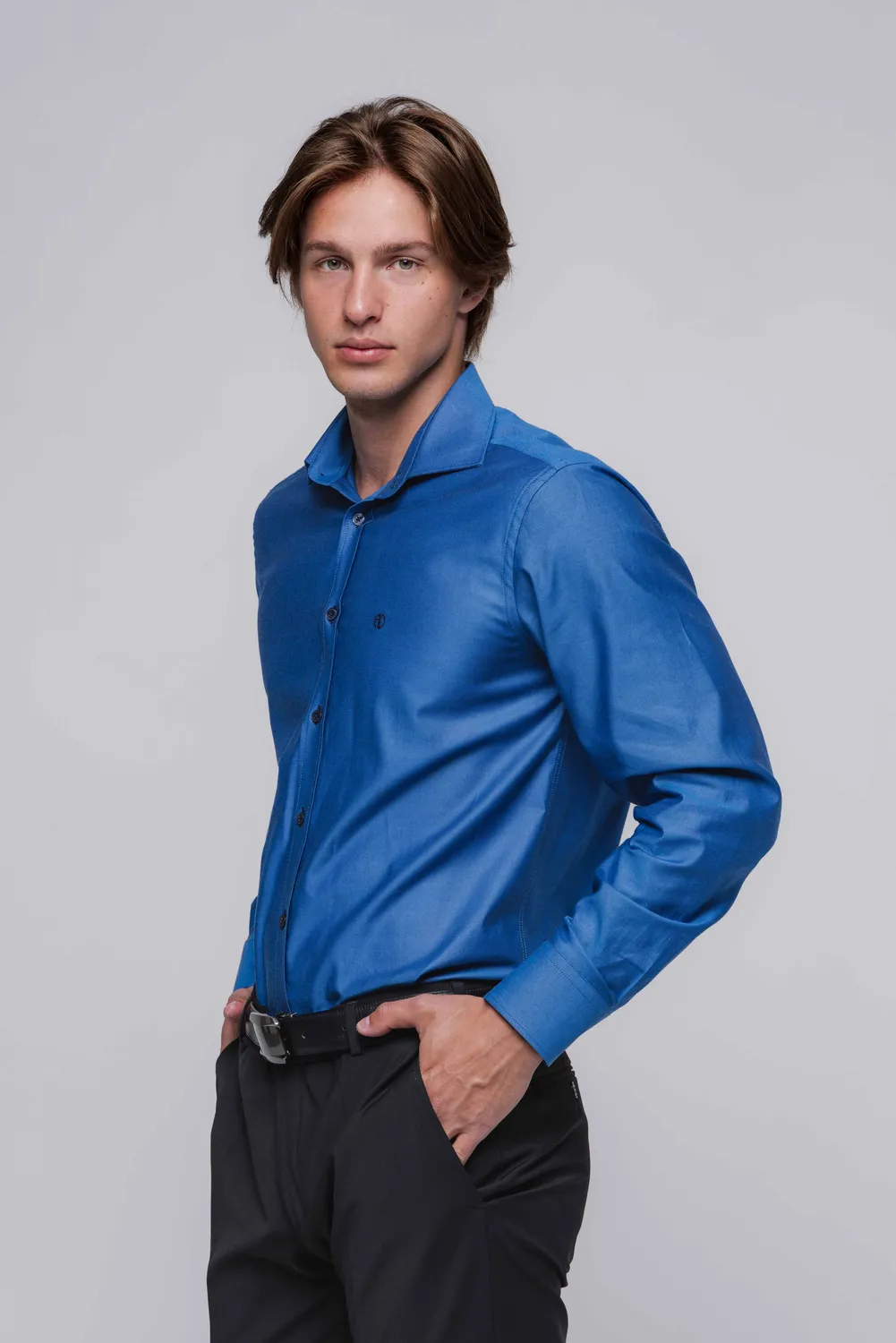 Alain Delon Camicia Uomo Extra Slim Fit Blu-Nera Cotone