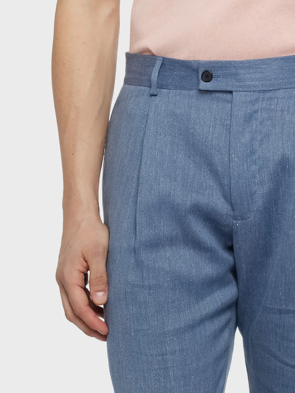 Caruso pantalone carrot lino lana blu denim