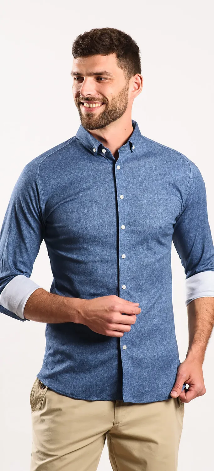 Alain Delon Stretch Extra Slim camicia denim blu jersey