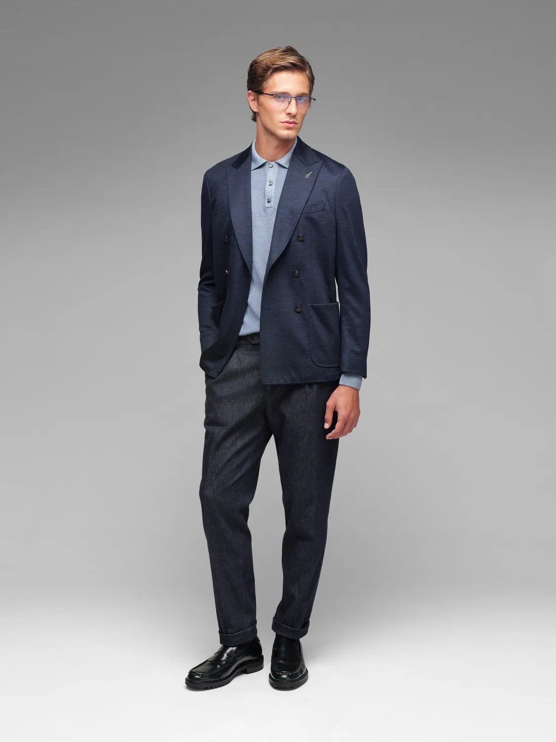 Paoloni Giacca Doppiopetto Jersey Lana Uomo Blu