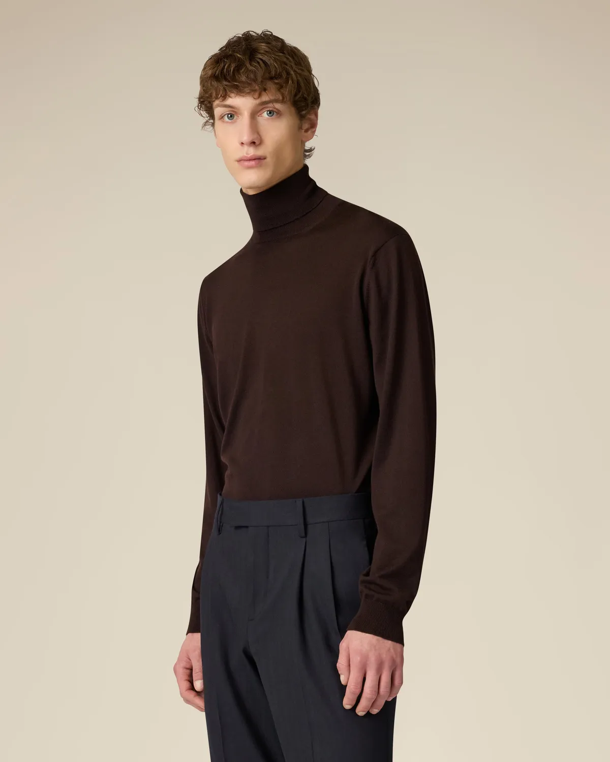 Lardini Dolcevita lana merino 120’s marrone maglia finezza 16