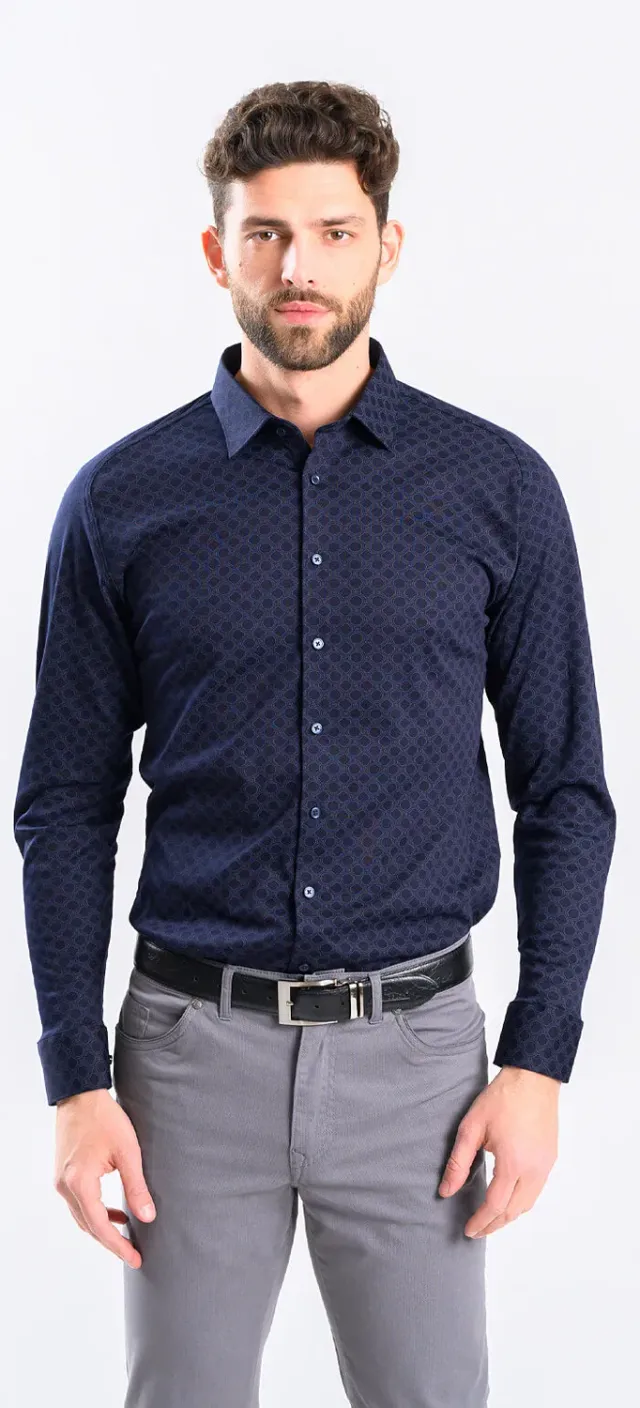 Alain Delon camicia extra slim fit blu navy fantasia jersey stretch