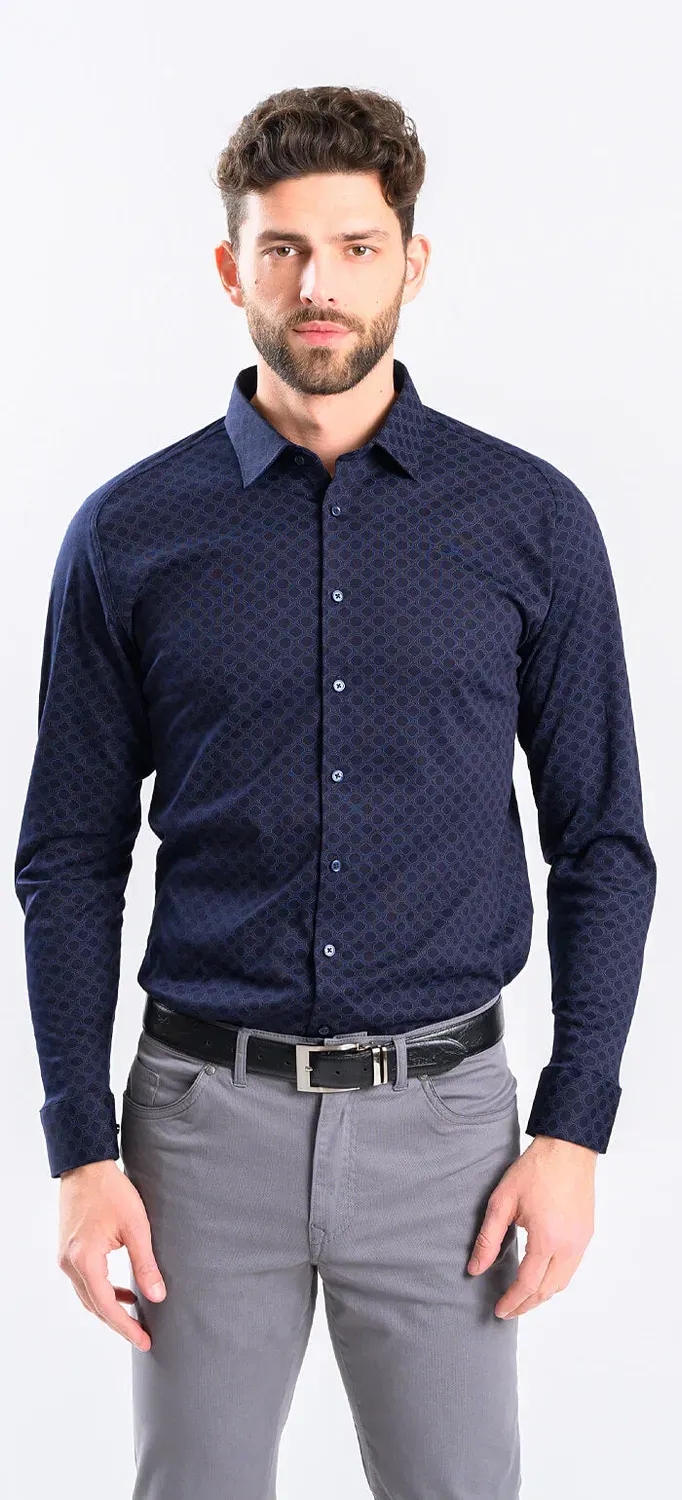 Alain Delon camicia extra slim fit blu navy fantasia jersey stretch