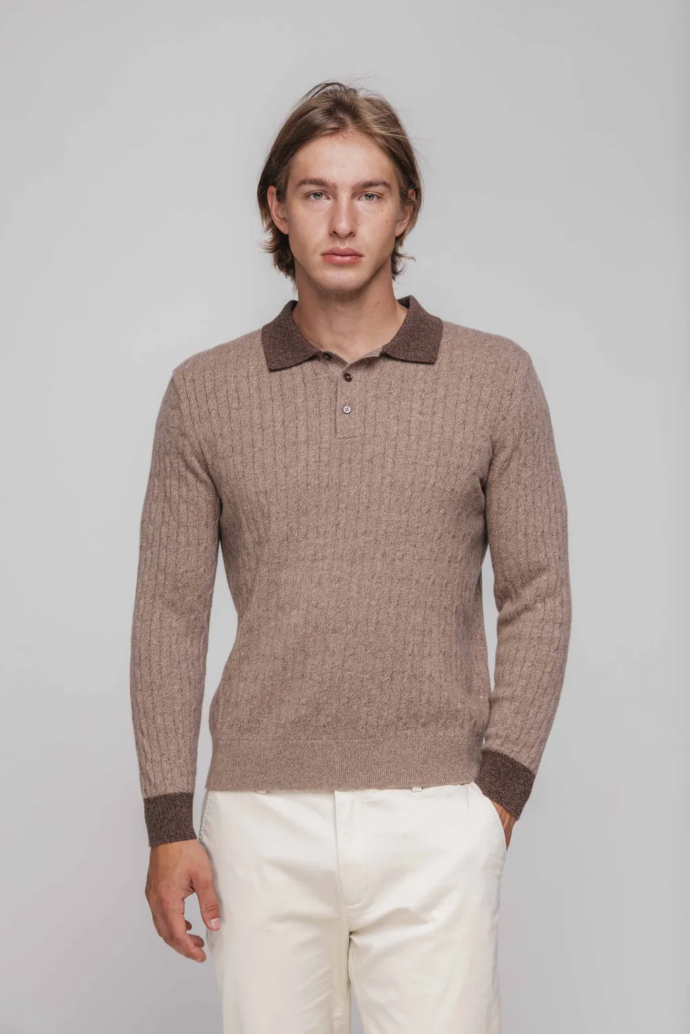 Alain Delon Polo Marrone Manica Lunga in Lana