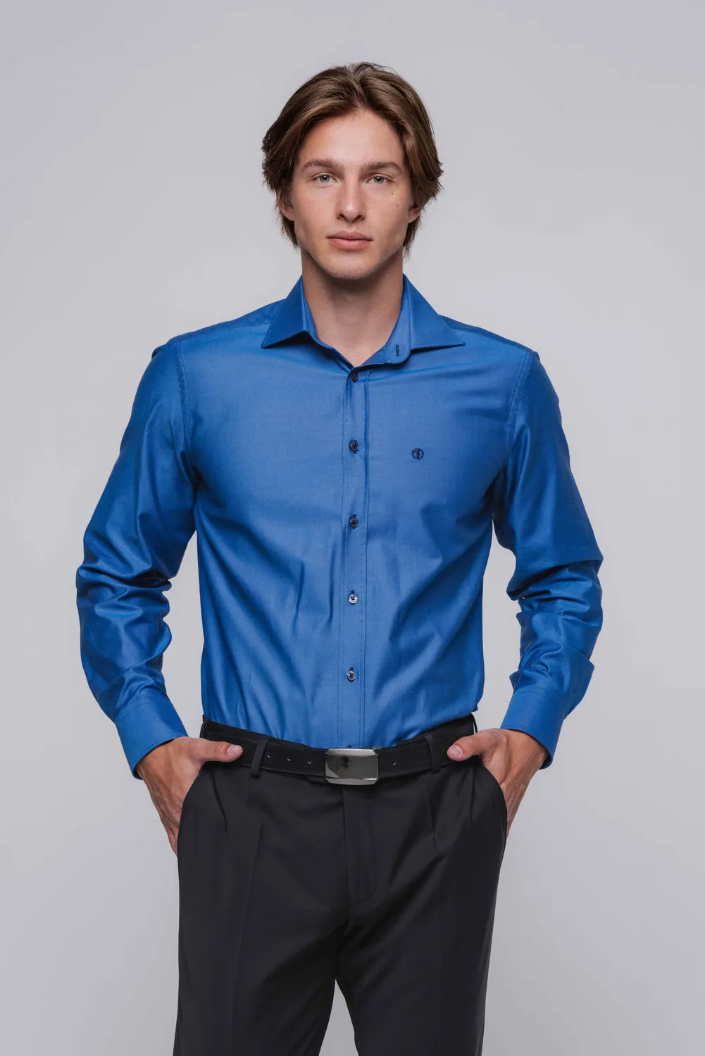 Alain Delon Camicia Uomo Extra Slim Fit Blu-Nera Cotone