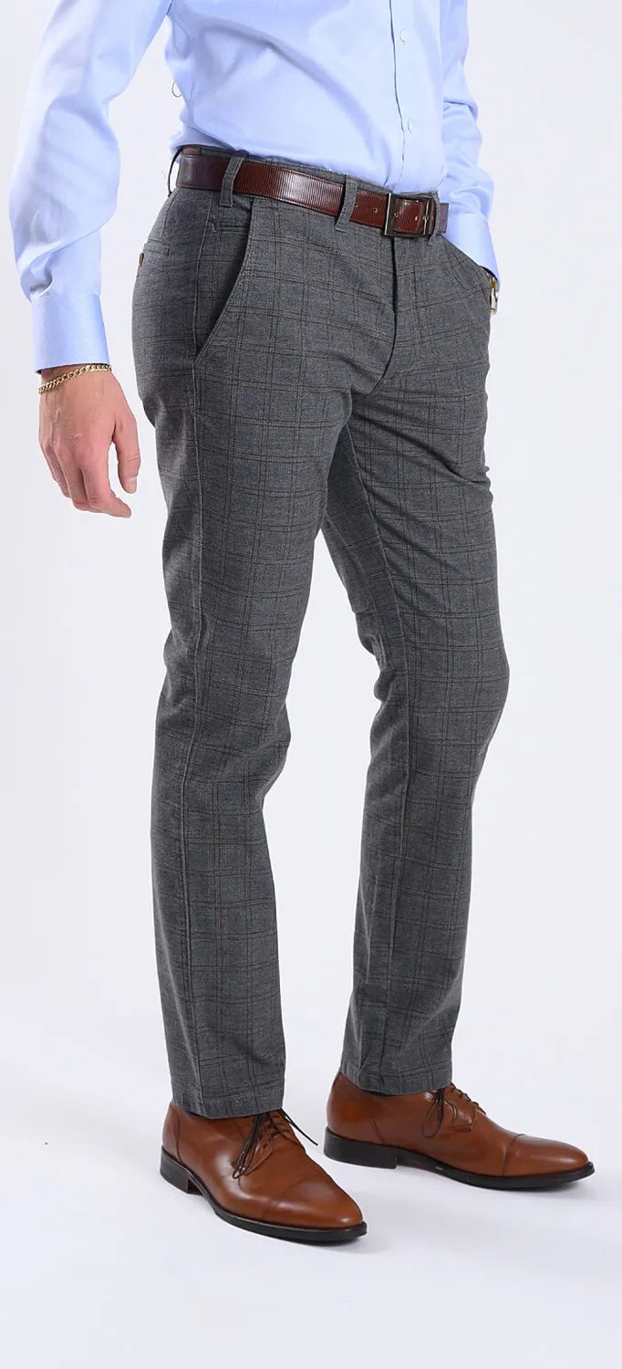 Alain Delon pantaloni chino slim grigi a quadri cotone