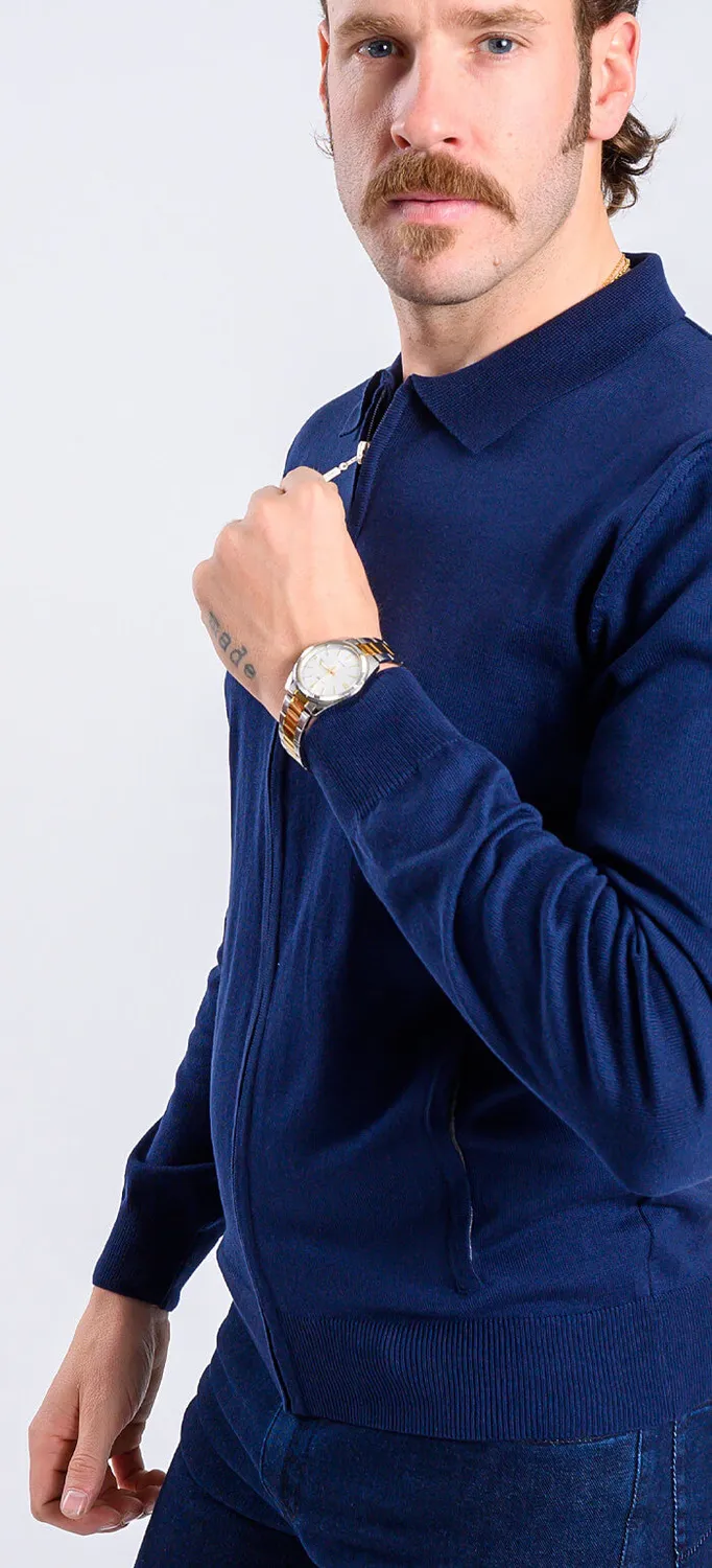 Alain Delon maglione zip blu collo camicia S-XXL