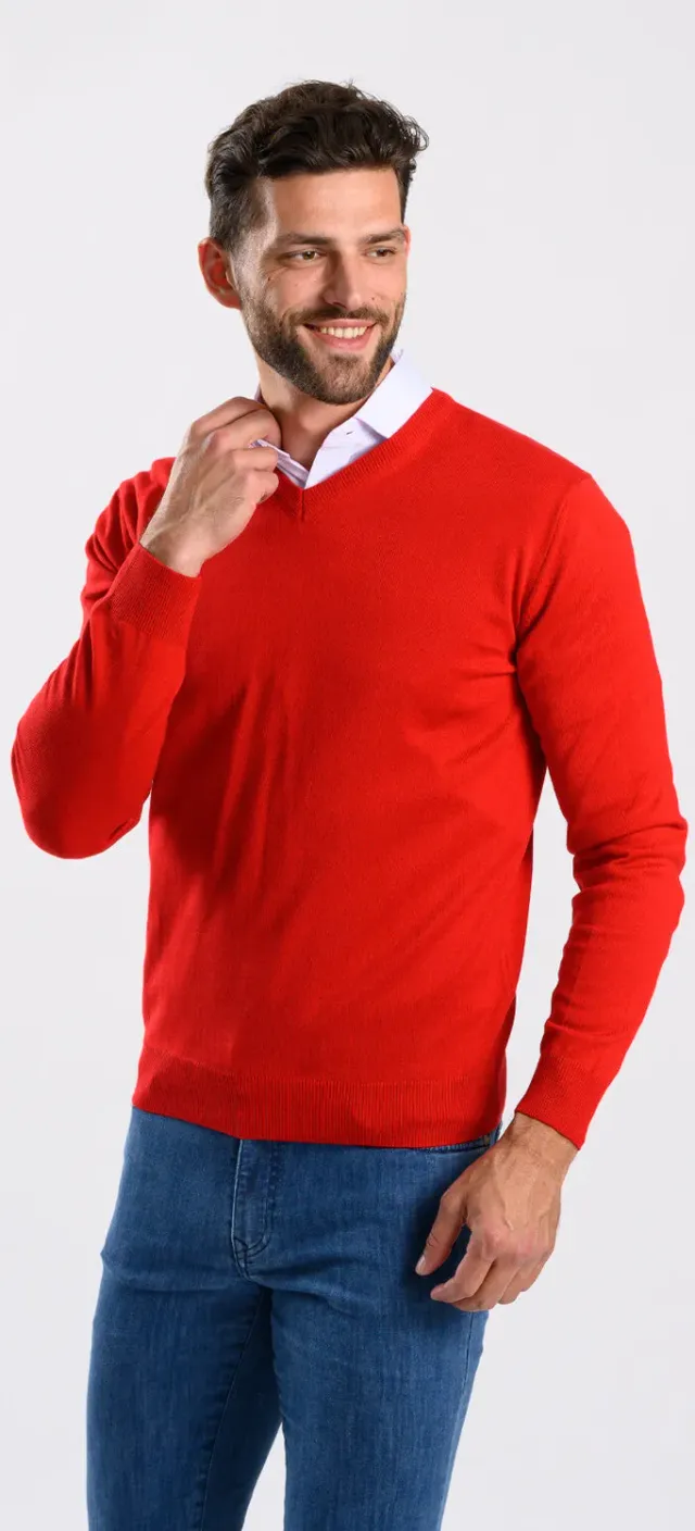 Alain Delon maglione rosso scollo V cotone