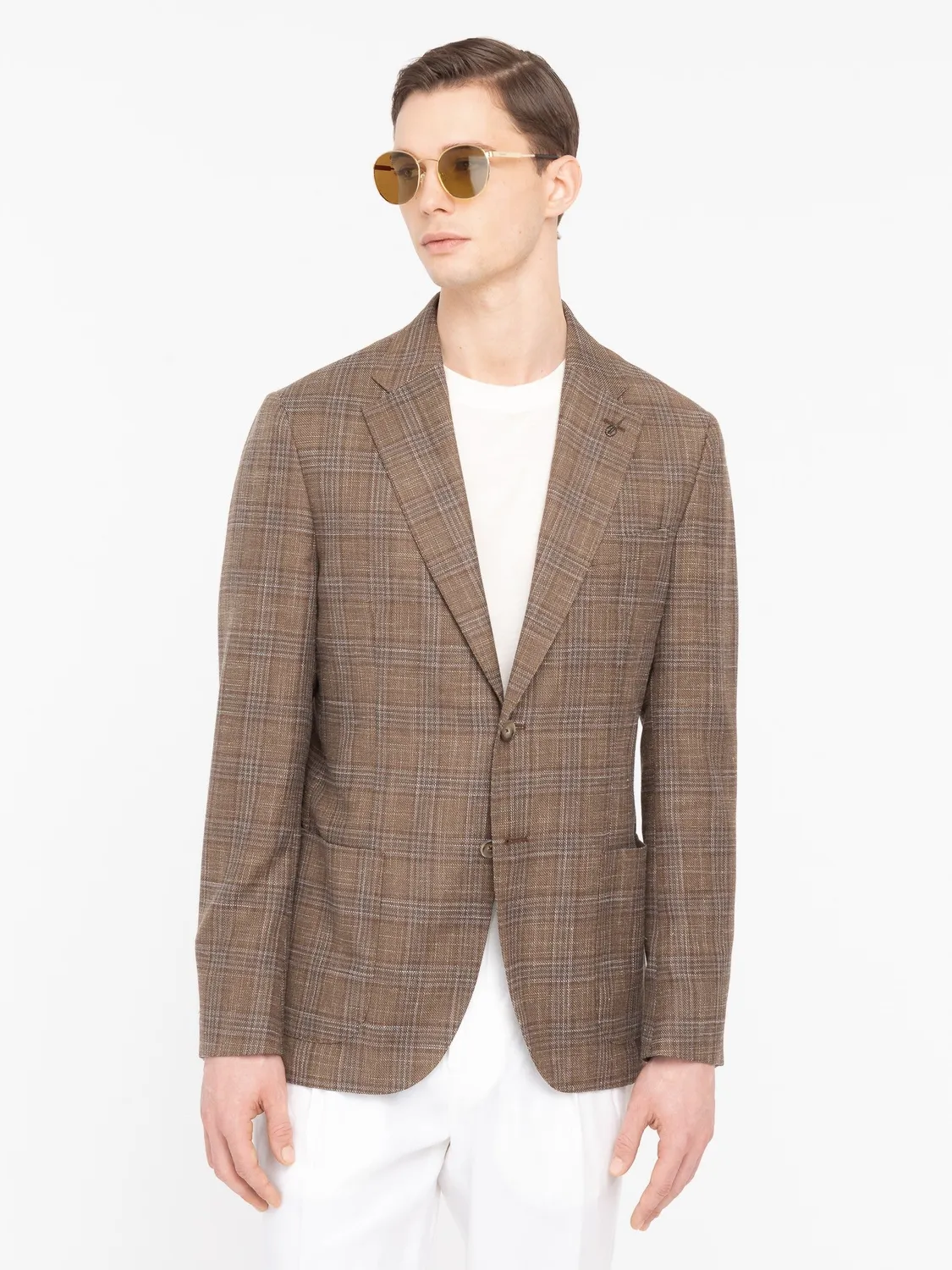 Paoloni Giacca macro check lana cotone marrone