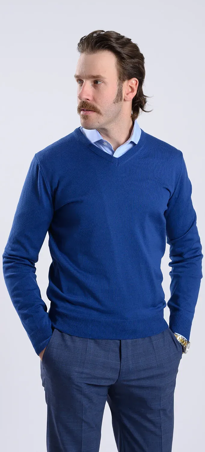 Alain Delon maglione scollo V blu cotone S M L