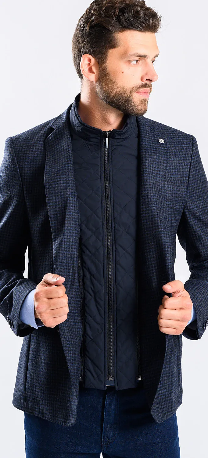 Alain Delon blazer slim blu quadri lana fodera zip taglia XL