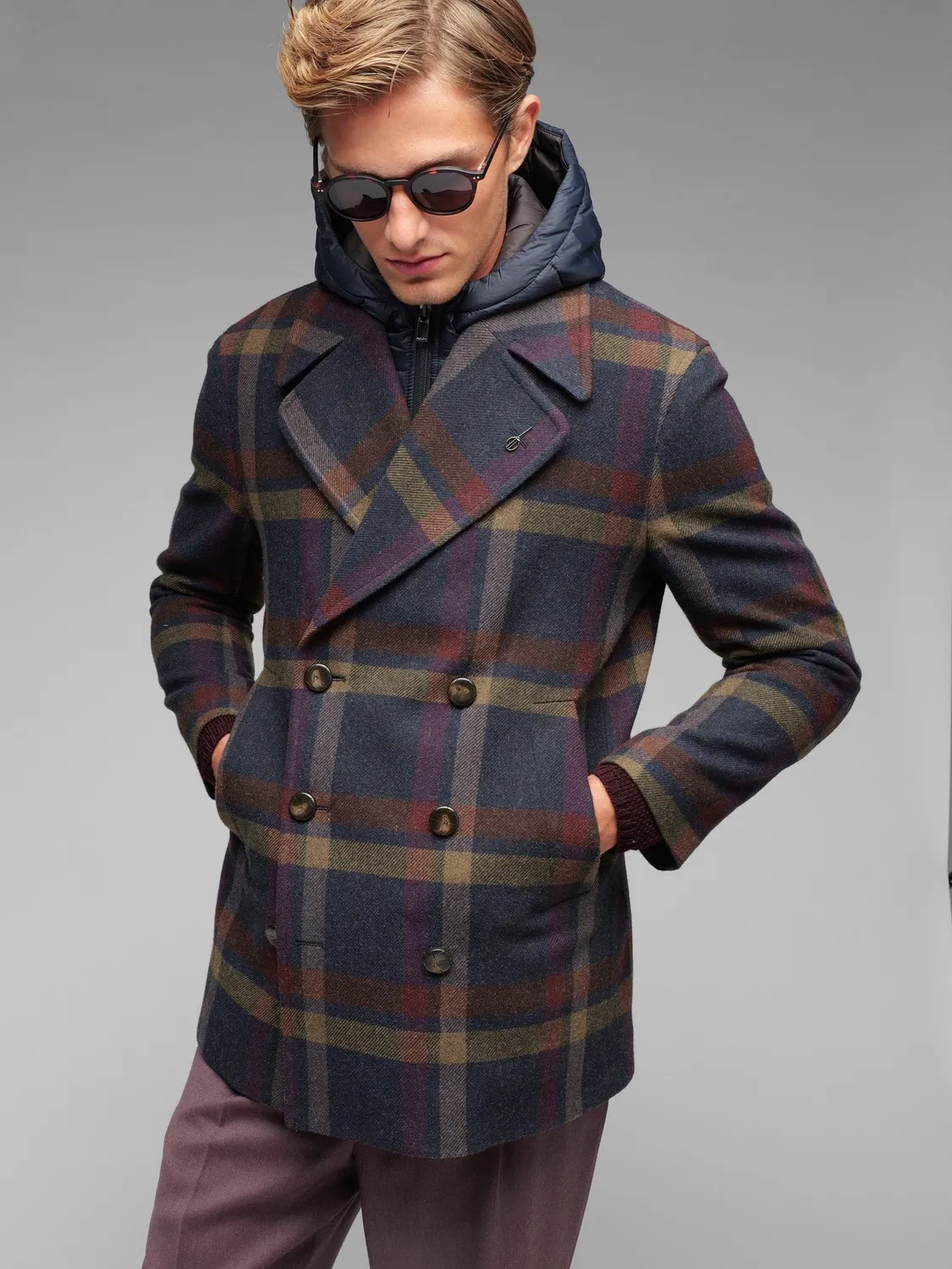 Paoloni Peacoat overcheck blu misto lana cappuccio