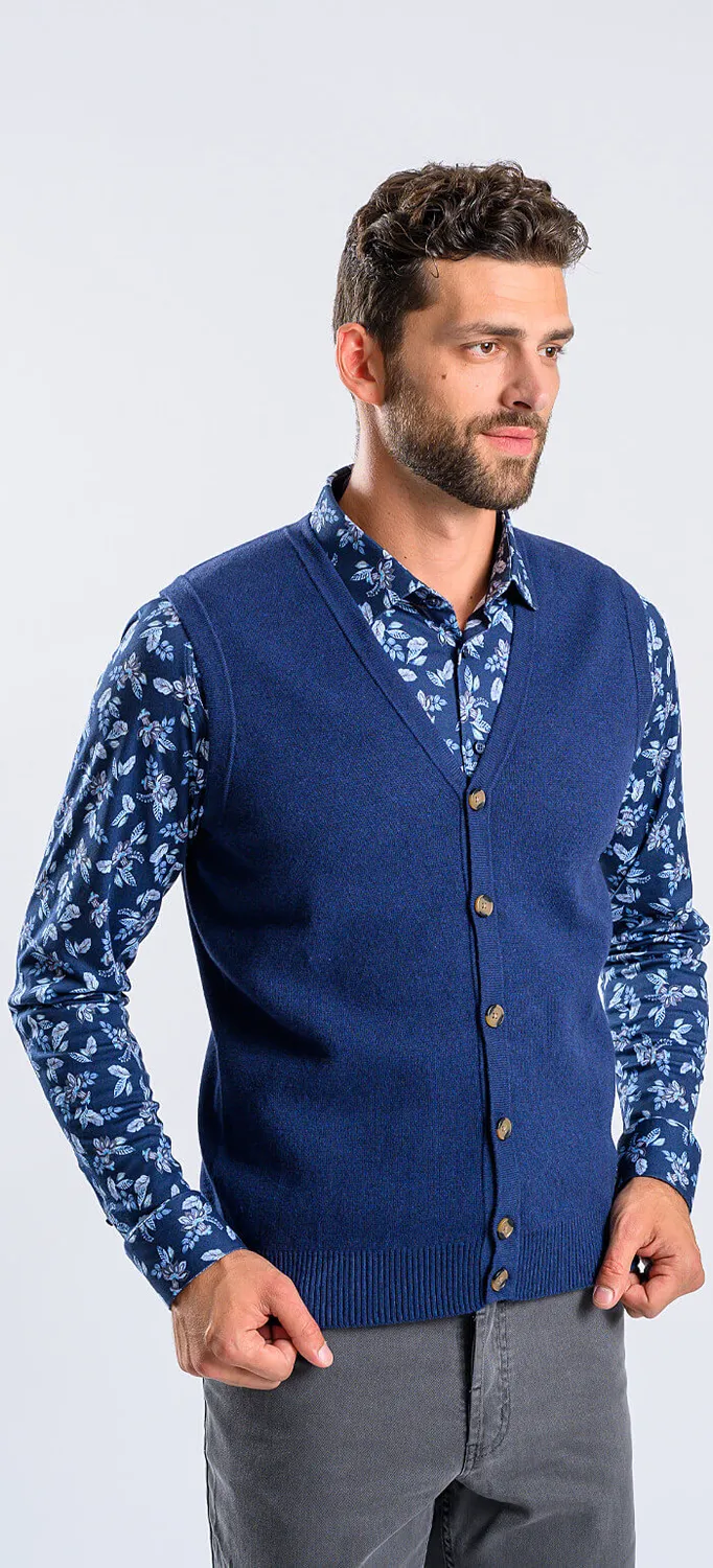 Alain Delon gilet blu bottoni slim fit cotone cashmere
