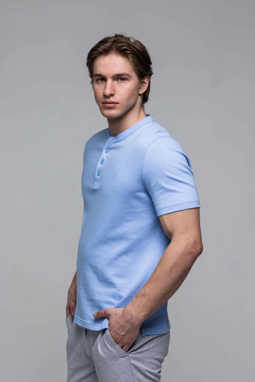 Alain Delon T-shirt cotone lino blu con bottoni