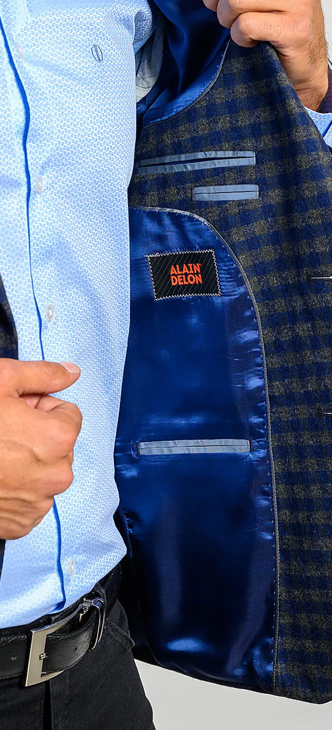 Alain Delon Giacca Verde-Blu a Quadri Lana Slim
