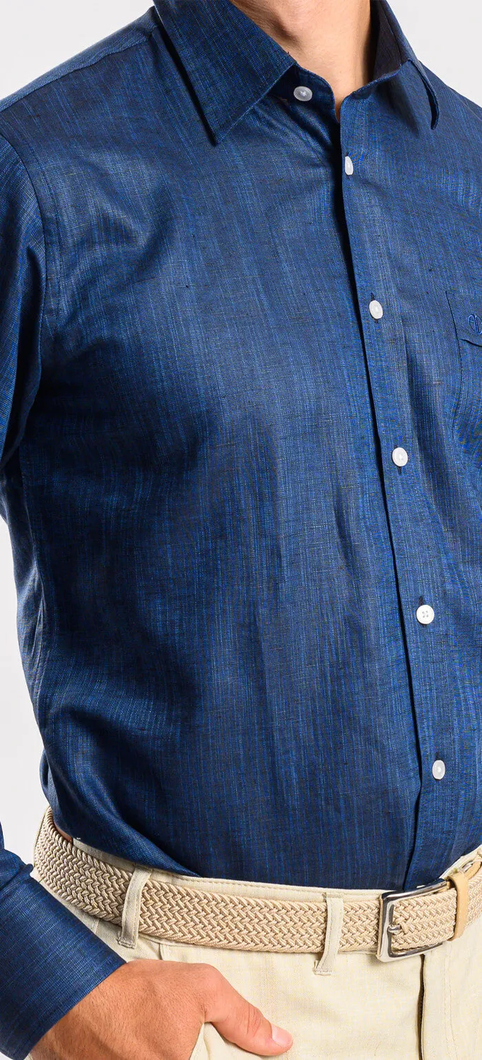 Alain Delon Camicia Slim Fit Blu Lino Cotone