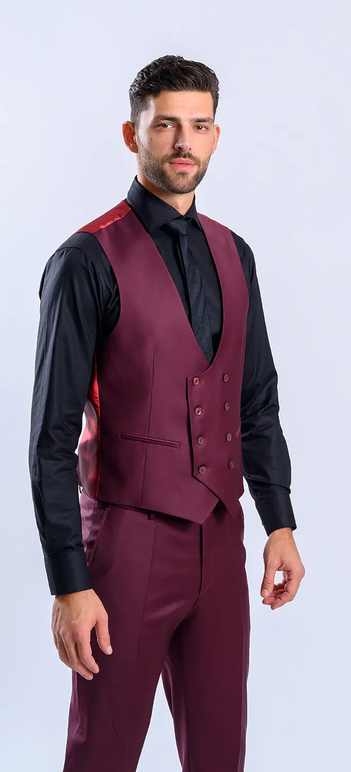 Alain Delon Abito Slim Fit Bordeaux con Gilet Doppiopetto