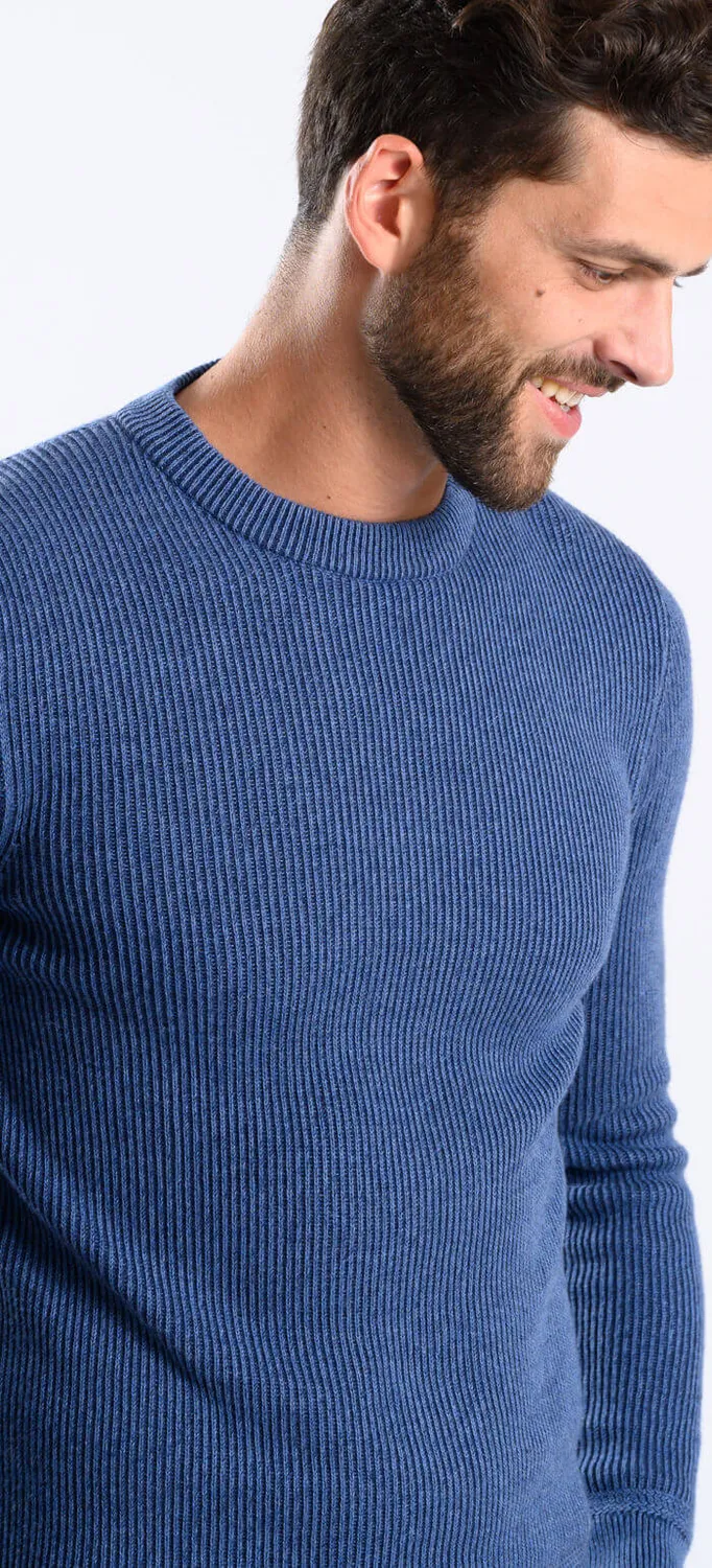 Alain Delon Maglione girocollo blu coste cotone cashmere