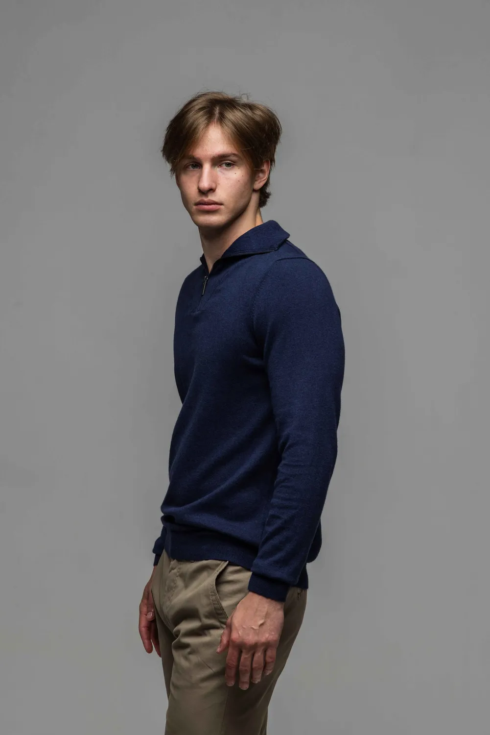 Alain Delon maglione blu zip collo alto uomo